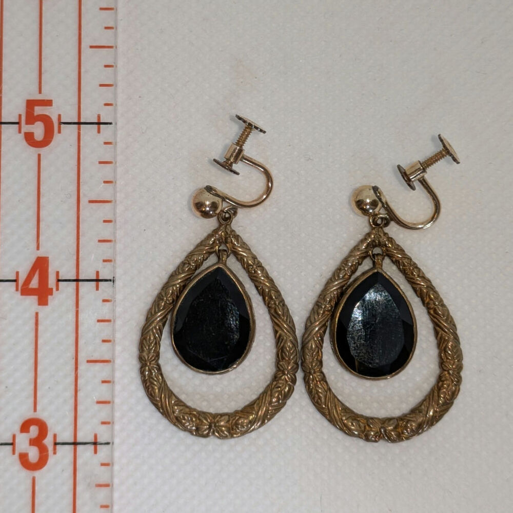 Stephen Dweck Black Onyx Etched Bronze Gold Teardrop Dangle Clip GF Earrings - Picture 7 of 7